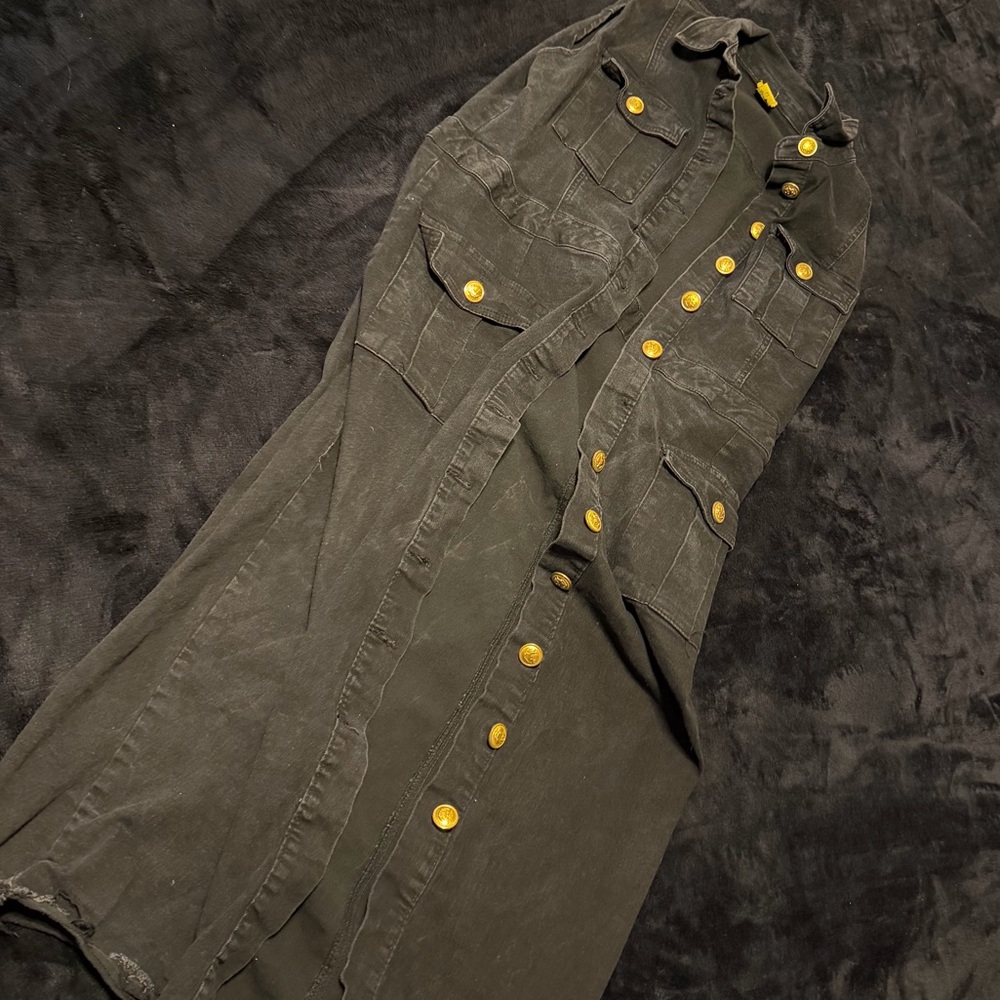 Long Dark Sleeveless Jean Dress with Gold Buttons